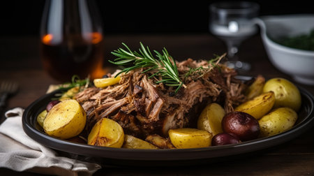 Grilled pulled pork with potatoes and rosemary on wooden table.の素材