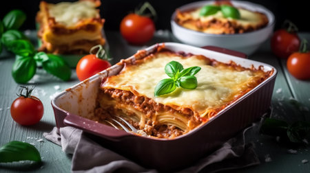 Tasty lasagna with minced meat, tomato and basil in baking dishの素材
