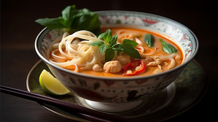 Tom Yum Goong, Thai noodle soup with chicken and vegetablesの素材