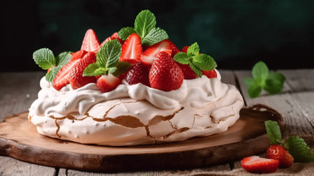 Pavlova cake with strawberries and mint on a wooden backgroundの素材