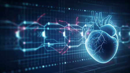 Human heart on digital background. Medicine and healthcare concept. 3D Renderingの素材