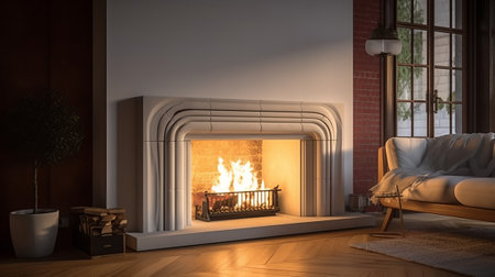 Fireplace in a modern living room. 3d render illustration.の素材