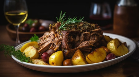 roasted lamb meat with potatoes and rosemary on a wooden tableの素材