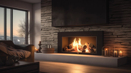 Interior of modern living room with fireplace. 3D rendering.の素材