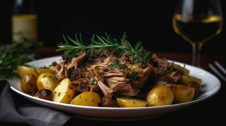 Liver with potatoes and rosemary on a white plate on a dark backgroundの素材