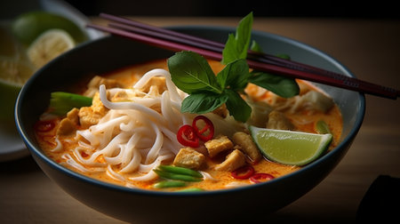 Tom Yum Goong, Thai noodle soup with chicken, coconut milk, green onion and chilliの素材