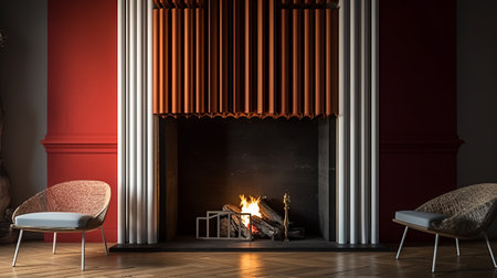Modern interior of living room with fireplace and armchair. 3D renderingの素材