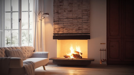 Cozy living room with a fireplace and a sofa. 3d renderingの素材
