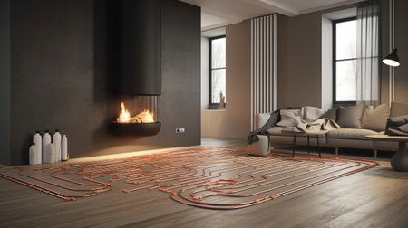 Interior of modern living room with fireplace and sofa 3D renderingの素材
