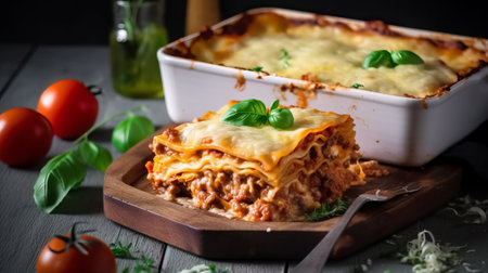 Tasty lasagna with minced meat and cheese on a wooden tableの素材