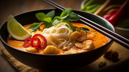 Tom Yum Goong - Thai spicy noodle soup with chickenの素材
