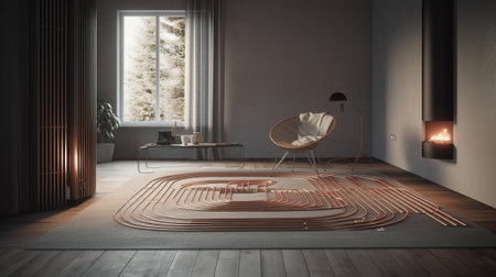 Interior of modern living room with wooden floor and carpet. 3D renderingの素材