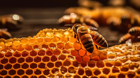 Close up view of the working bees on honeycells. Honeycomb summer composition consisting of gooey honey from bee hive. Honeycombs summer composition consisting of gooey honey from bee village.の素材