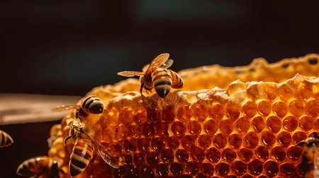 Close up view of the working bees on honeycells. Honeycomb from bee hive filled with golden honey.の素材