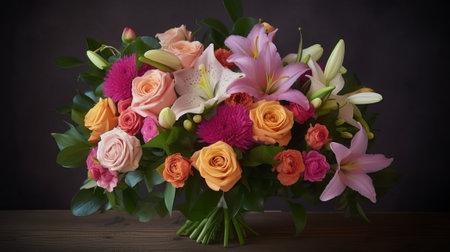 Beautiful bouquet of flowers on a dark background. Close-up.の素材
