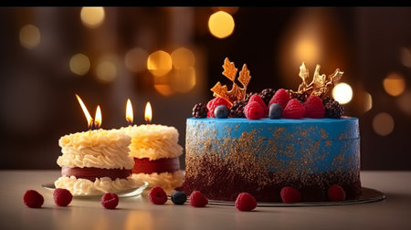 Birthday cake with candles on bokeh background, closeupの素材