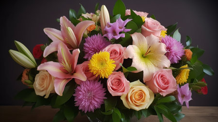 Beautiful bouquet of flowers on a dark background. Close-up.の素材