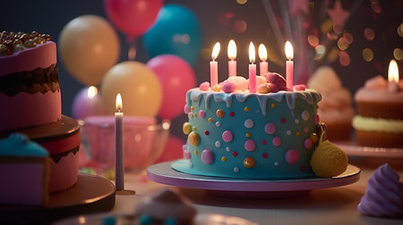 Birthday cake with candles and balloons on the table. 3d renderingの素材