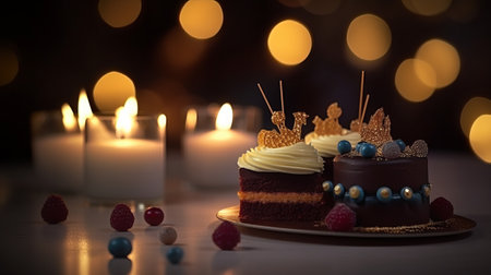 Birthday cake with candles and bokeh lights on background.の素材