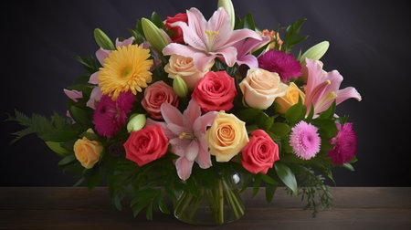 Beautiful bouquet of flowers in vase on wooden table.の素材