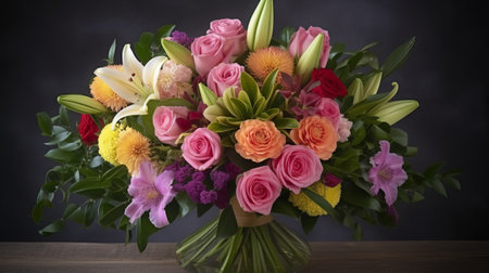 Bouquet of flowers in a vase on a wooden tableの素材