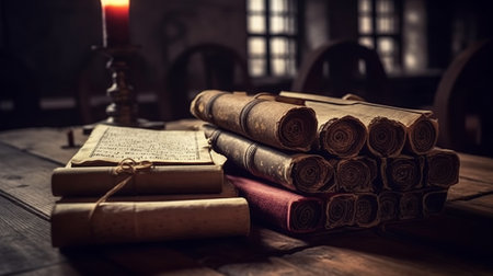 Old books and scrolls on a wooden table. Selective focus.の素材