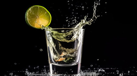 Tequila shot with lime and splashes on a black backgroundの素材