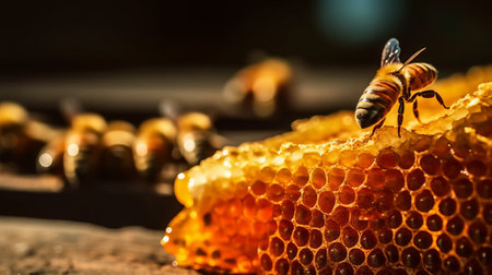Honeycomb with honey and bees. Selective focus. Shallow depth of fieldの素材