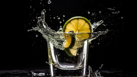 Lime splashing into a glass of water on a black backgroundの素材