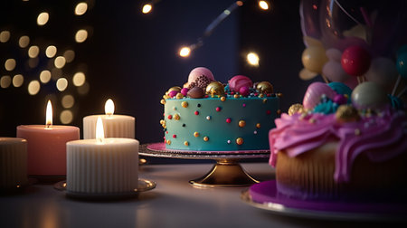 Birthday cake with colorful eggs and candles on blurred lights background.の素材