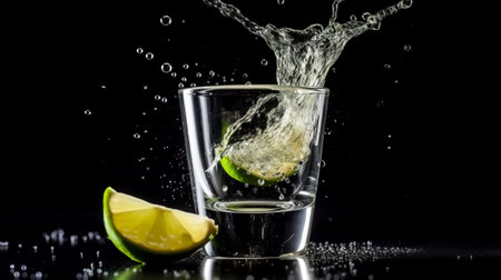 Lime splashing into a glass of water on a black backgroundの素材