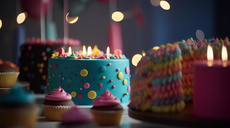 Birthday cupcakes with candles on table and bokeh backgroundの素材