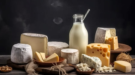 Different types of cheese on a wooden table against a dark background.の素材