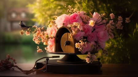 Bouquet of flowers in a vase on a wooden tableの素材