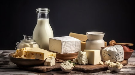 Assortment of dairy products on rustic wooden table. Selective focus.の素材