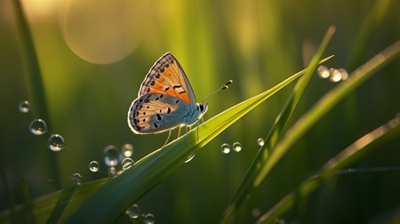 butterfly on green grass with dew drops in the morningの素材