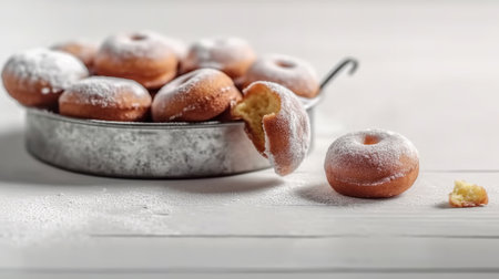 Homemade donuts sprinkled with powdered sugar on a white wooden backgroundの素材
