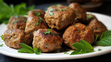 Meatballs with mint on a white plate on a dark background.の素材