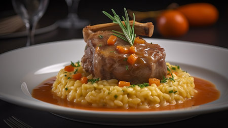 Risotto with beef and vegetables on a white plate, close-upの素材
