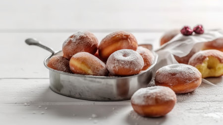 Homemade donuts with icing sugar on a white wooden background. Selective focus.の素材