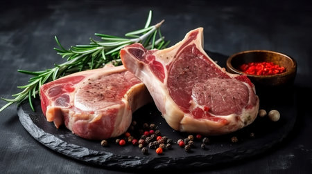 Raw pork chops with rosemary, pepper and salt on a black background.の素材