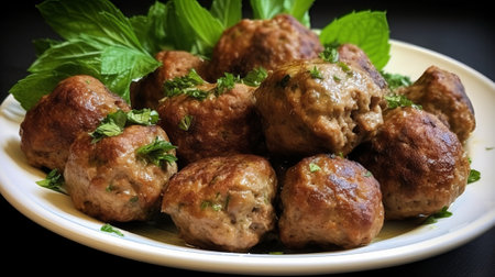 Meatballs with herbs and spices on a white plate, close-upの素材