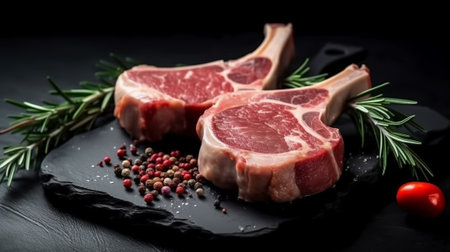 Raw pork chops with rosemary and peppercorns on black backgroundの素材