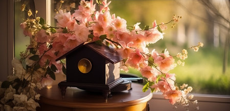 Beautiful spring bouquet of pink flowers and birdhouse on the windowsillの素材