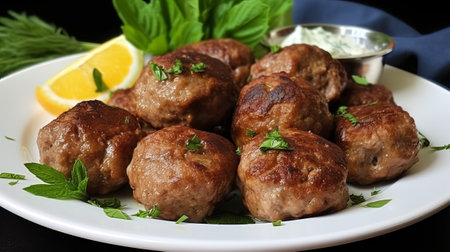 Fried meatballs with lemon and herbs on a white plate.の素材
