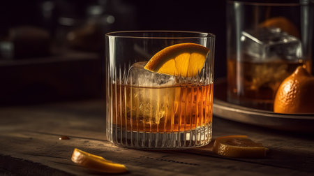 whiskey with ice and slice of orange on wooden table in barの素材