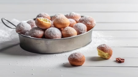 Homemade doughnuts sprinkled with powdered sugar on a white wooden backgroundの素材