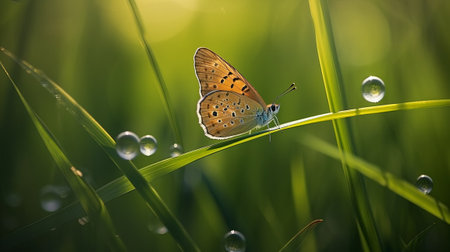 butterfly on a blade of grass in the morning dewの素材