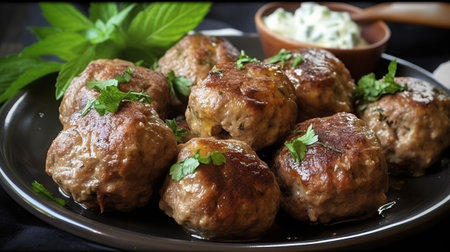 Meatballs with herbs and sauce on a dark background. Selective focus.の素材