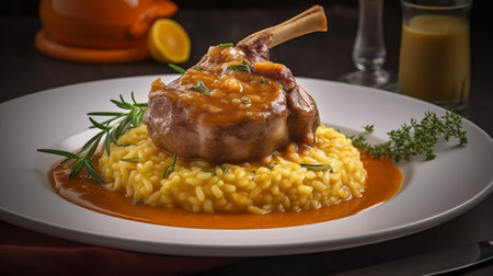 Risotto with lamb ribs on a white plate on a dark backgroundの素材